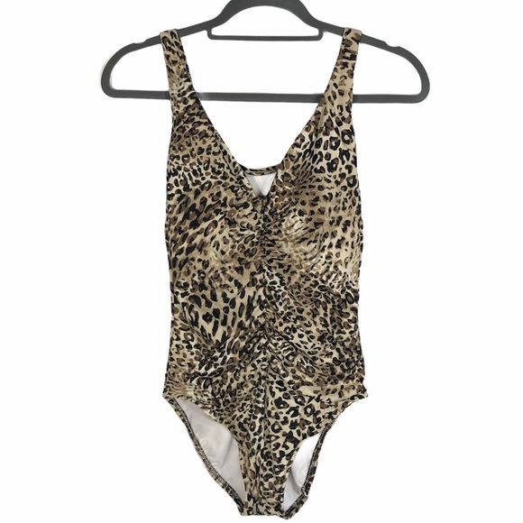 Aqua Green S Leopard Print One Piece Swim Suit N Neck Ruching - Picture 3 of 7